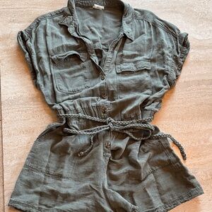 Nicole Miller Olive Green Utility Linen Romper